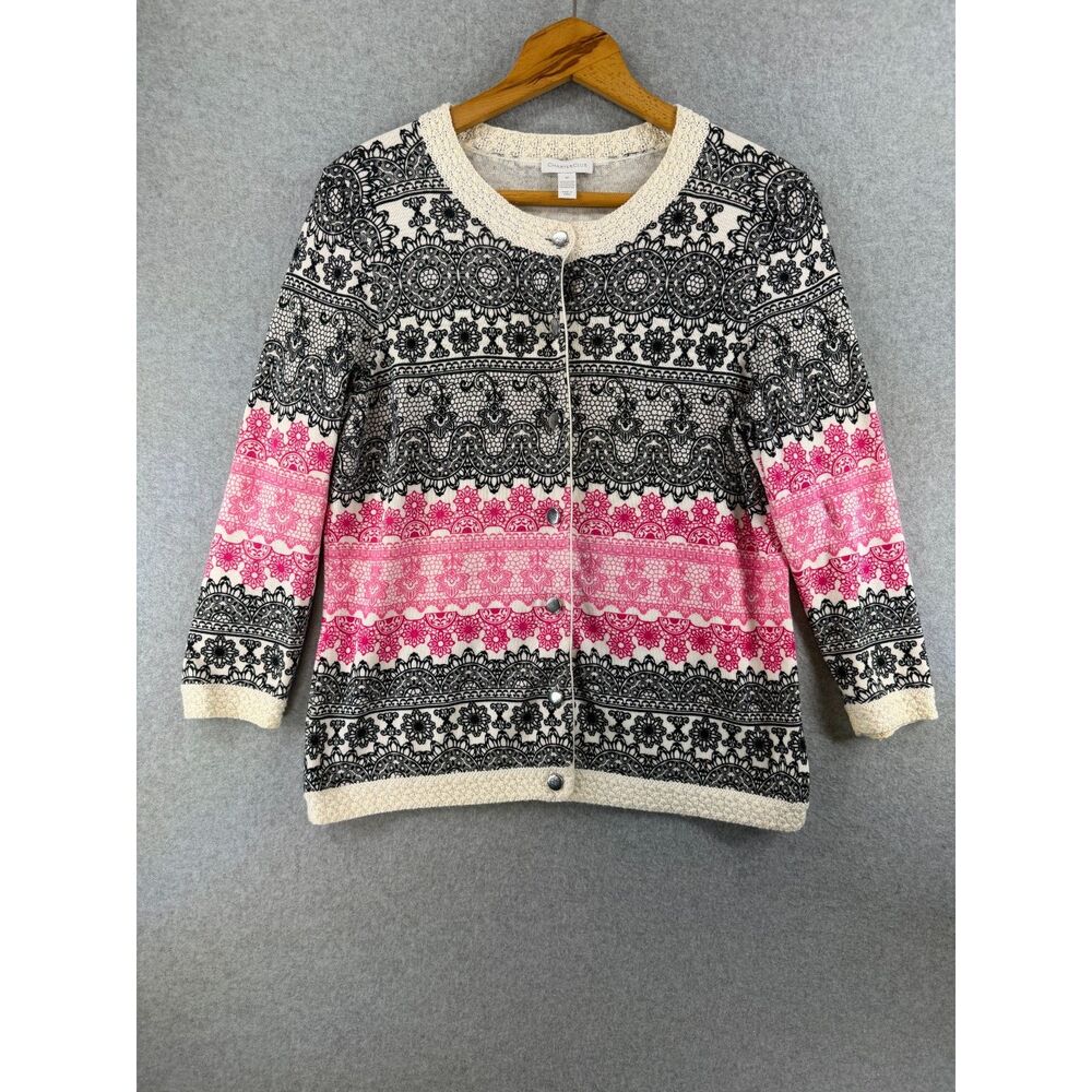 Charter Club Women’s M Pink Black Lace Print Snap Front Cardigan 3784